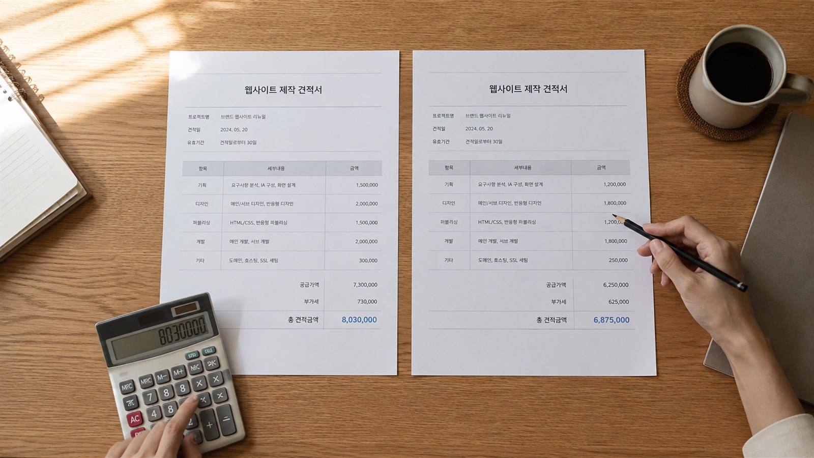 견적서 두 부를 나란히 놓고 항목과 조건을 비교하는 장면