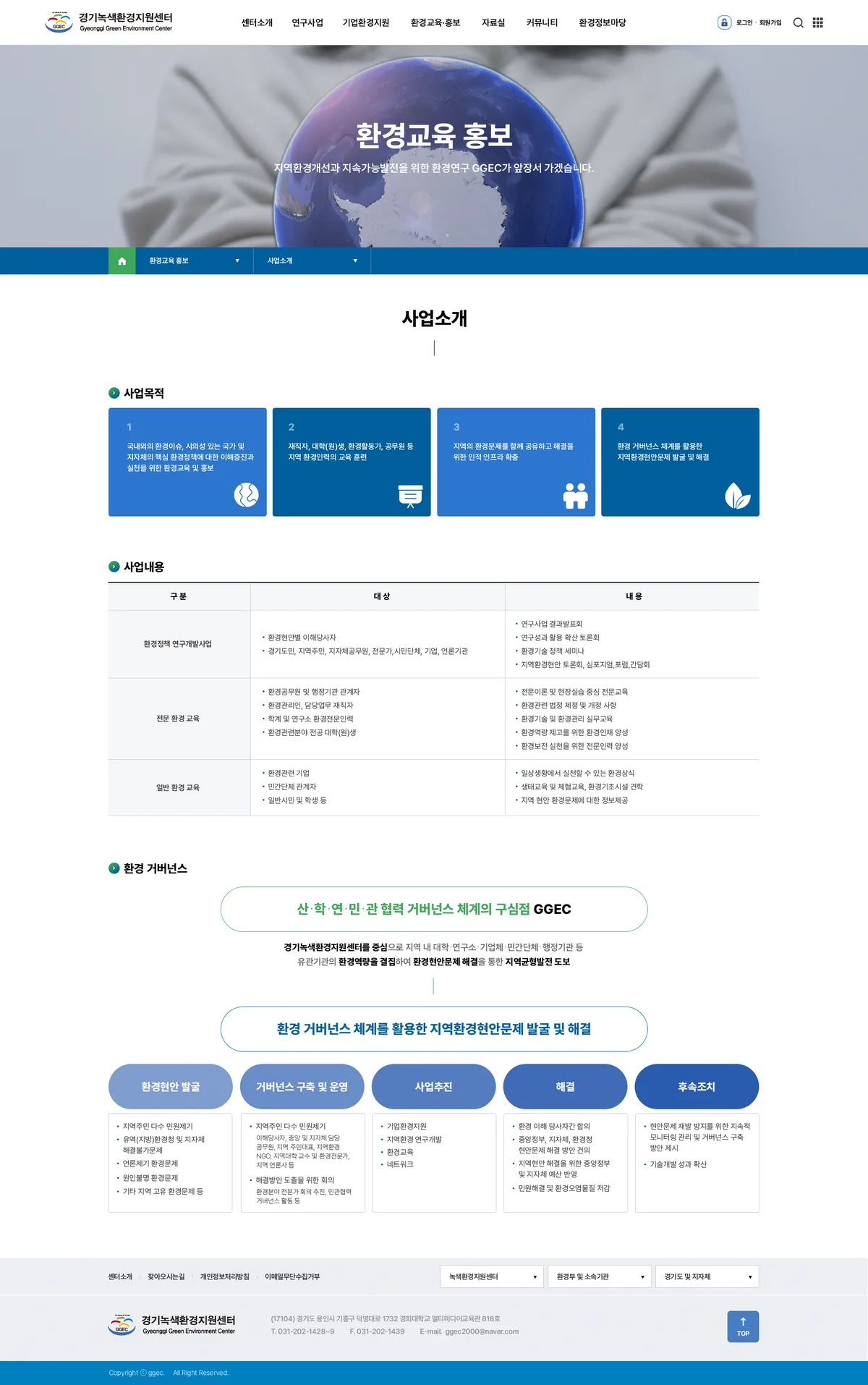 경기녹색환경지원센터 사업 소개 화면