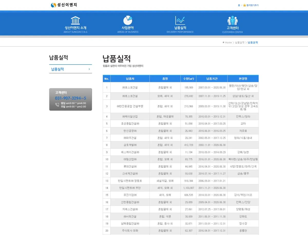 성신이엔지 납품실적 화면