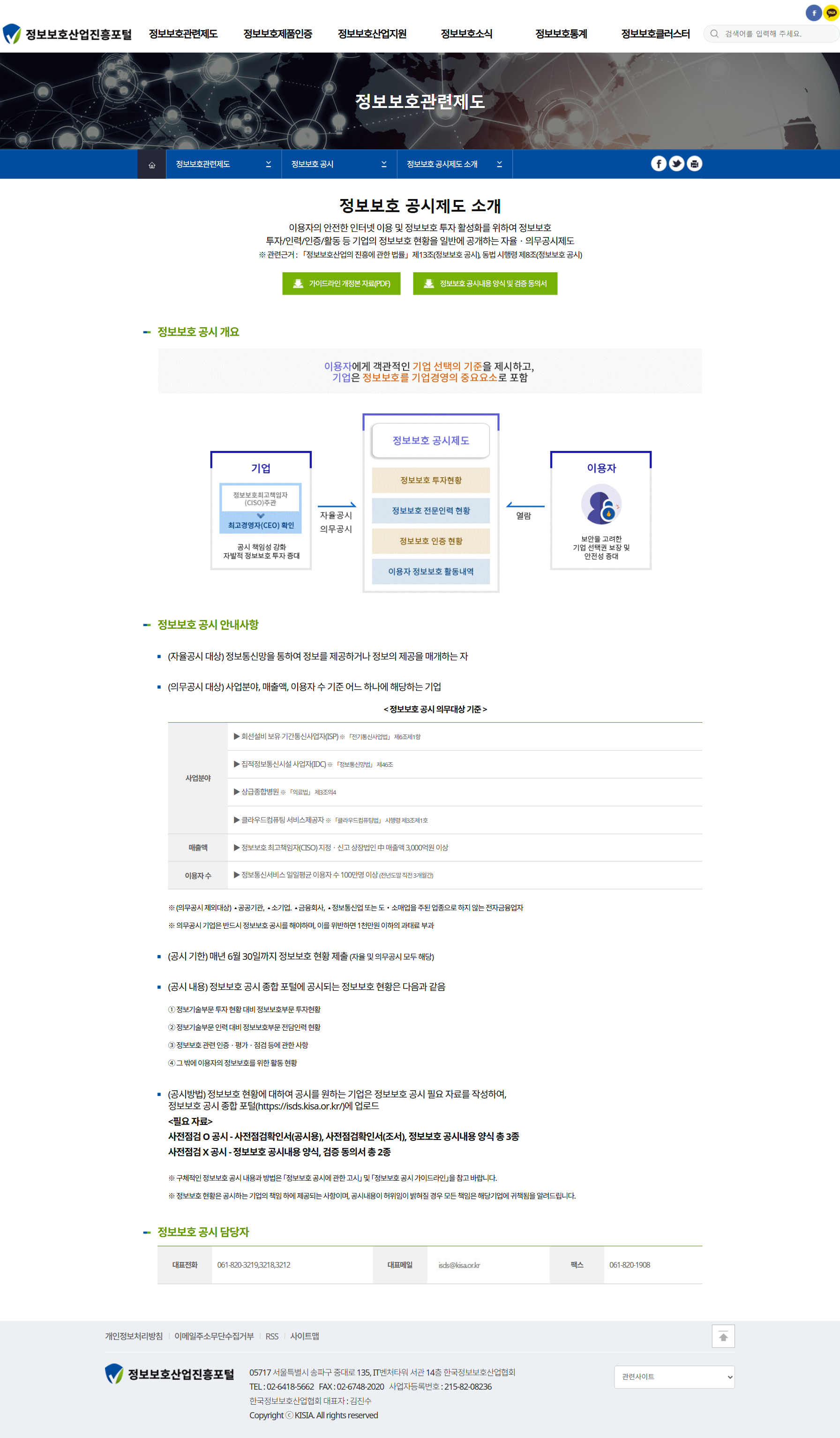 한국정보보호산업협회 정보보호관련제도 화면